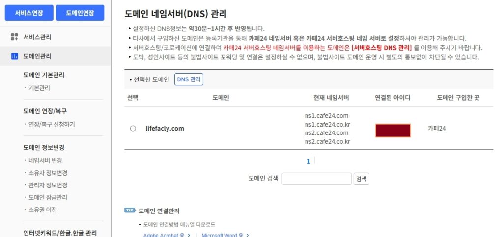 카페24 도메인 네임서버 DNS 관리에서 lifefacly.com 네임서버 확인 화면